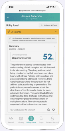 The AI Insights utility panel on a phone, summarizing a patient's recent feedback into an opportunity-area score and a short written brief.