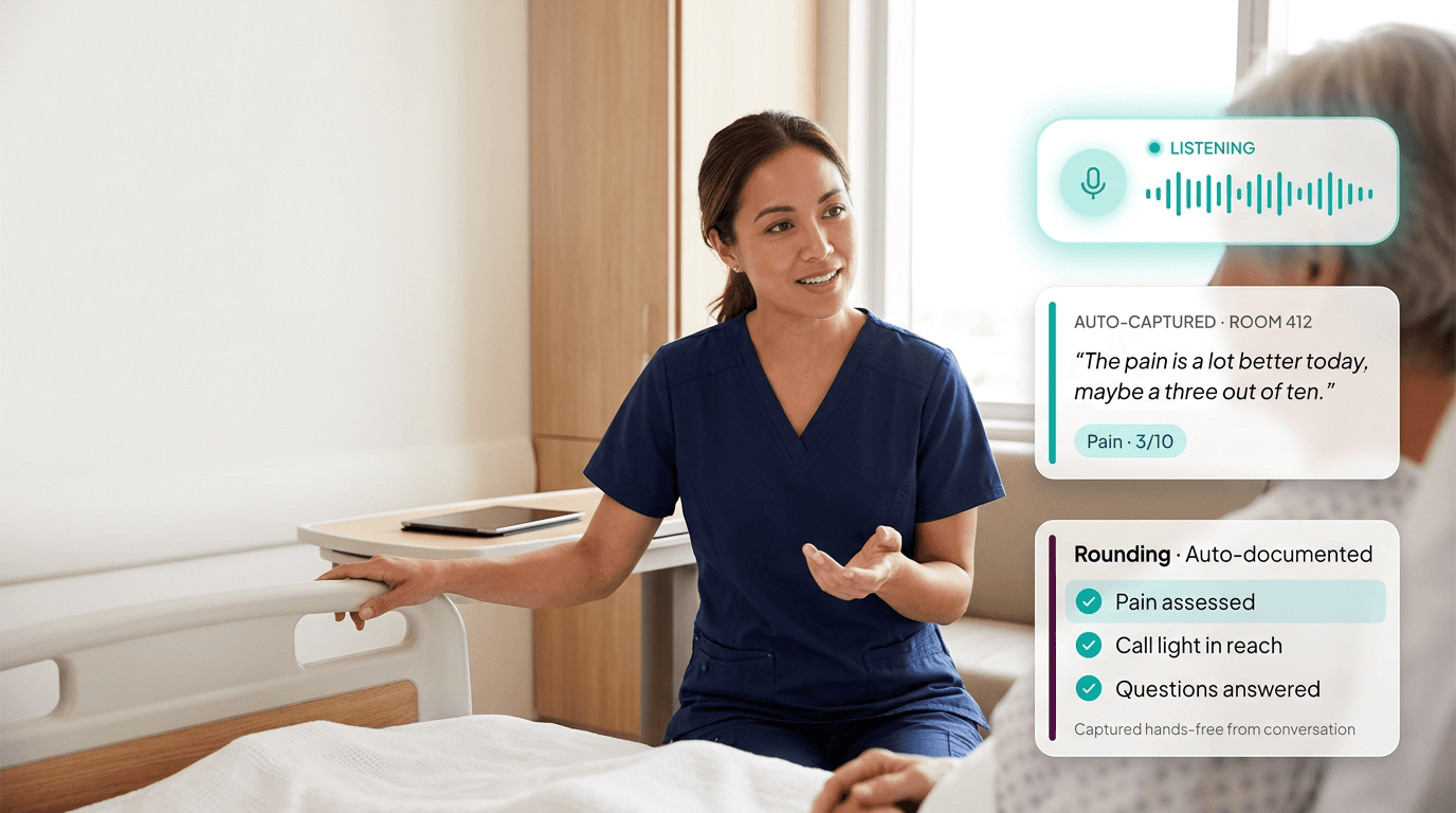 Nurse at a patient's bedside with ambient listening capturing the rounding conversation and auto-documenting the checklist