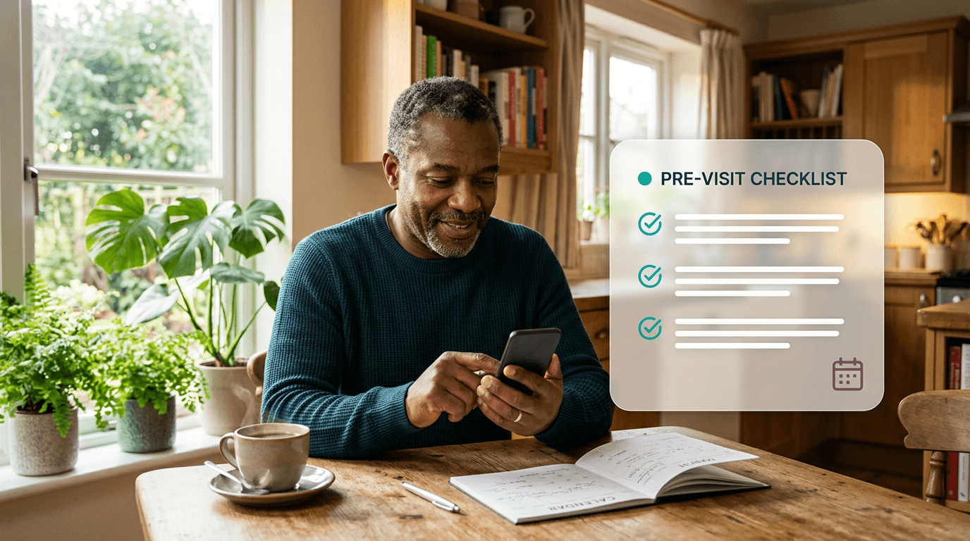 Man at home reviewing his phone with a pre-visit checklist card floating beside him