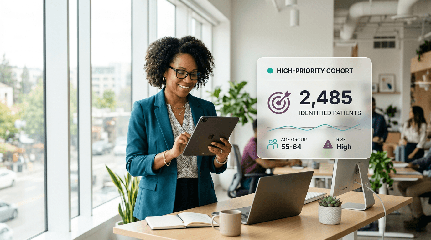Population health analyst reviewing a tablet with a high-priority cohort card floating beside her