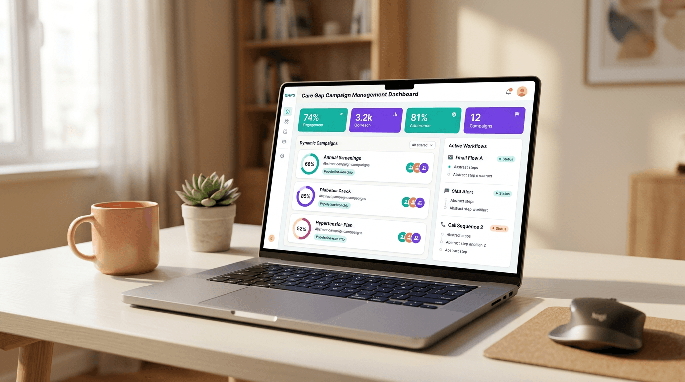 Care gap campaign management dashboard on a laptop showing active outreach workflows and KPIs