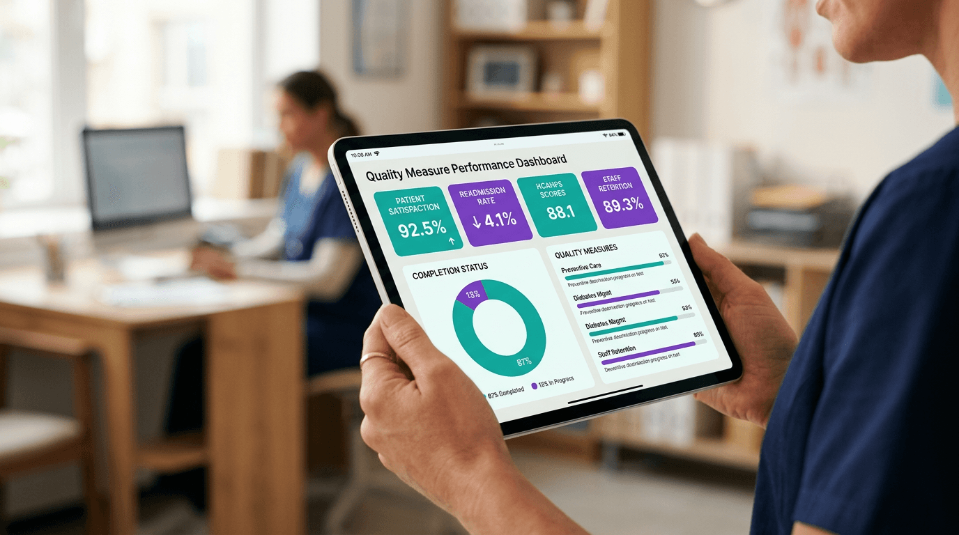 Clinician holding a tablet showing a quality measure performance dashboard with HEDIS and Stars KPIs