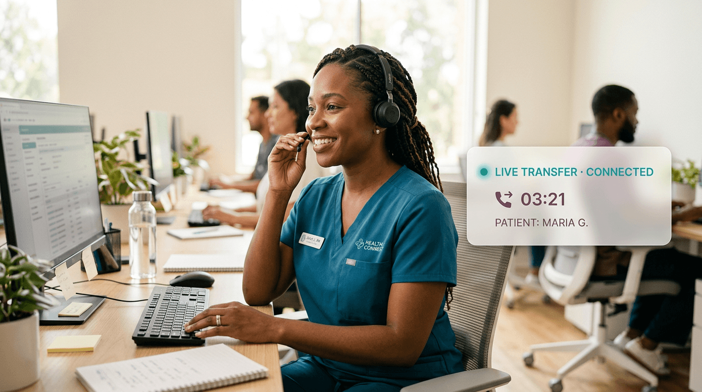 Call center nurse on a headset with a live transfer status card floating beside her showing an active connected call