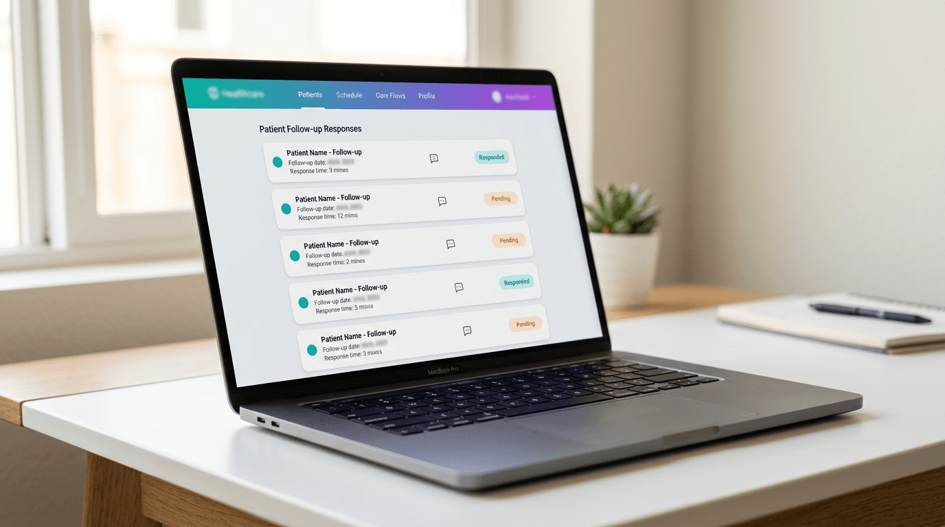 Post-discharge follow-up dashboard on a laptop showing incoming patient responses