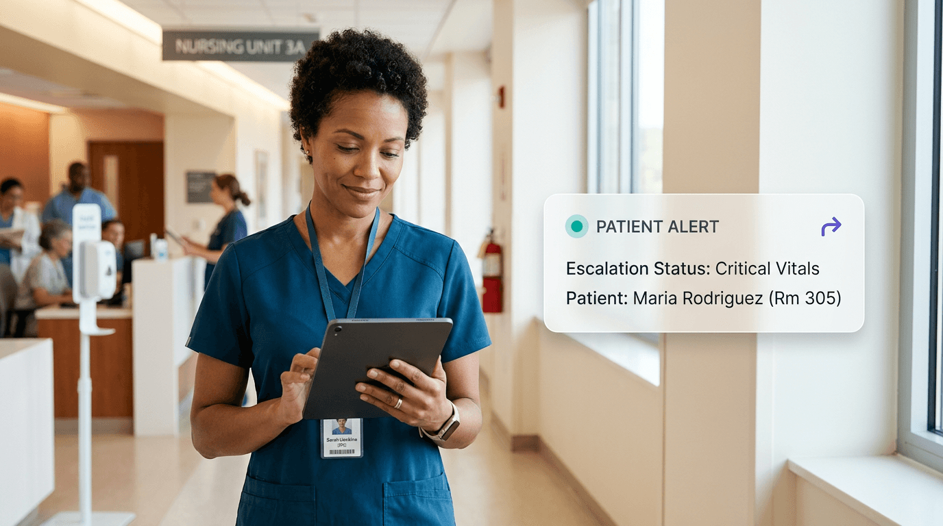 Nurse reviewing a patient alert card that has been escalated to her from an automated follow-up