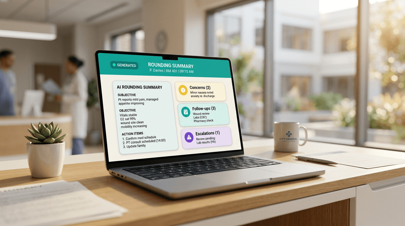 Ambient AI summarizing a bedside conversation into a structured, reviewable clinical note