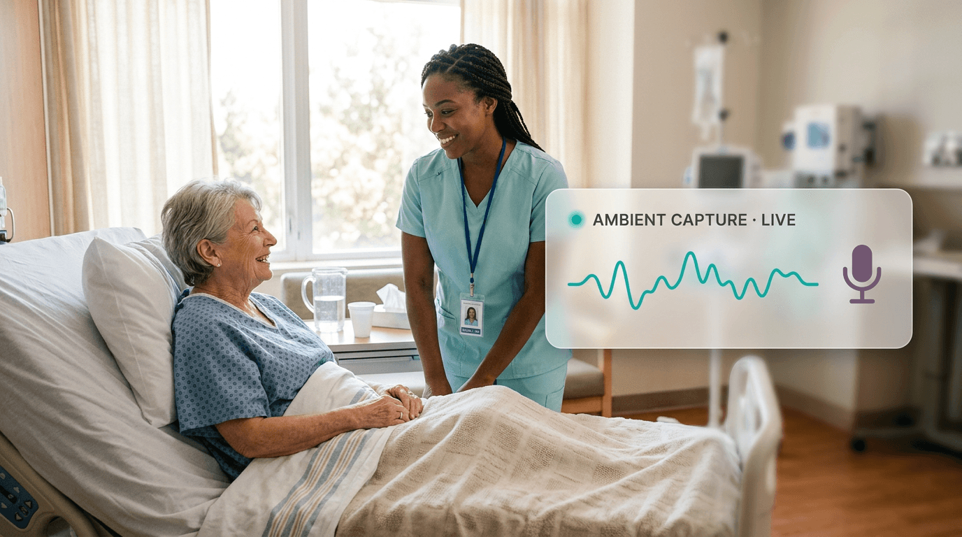 Nurse and older patient in warm bedside conversation with a live ambient-capture waveform card floating beside them