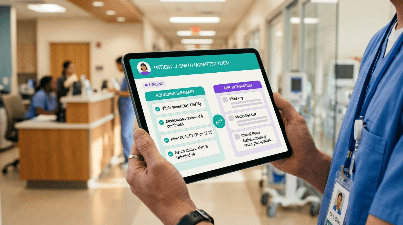 Clinician holding a tablet showing a rounding summary syncing into EHR fields