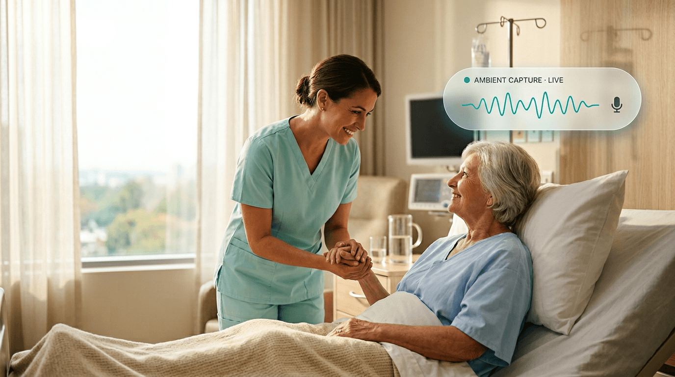 Nurse holding an elderly patient's hand at the bedside while an ambient AI capture waveform card listens in the background