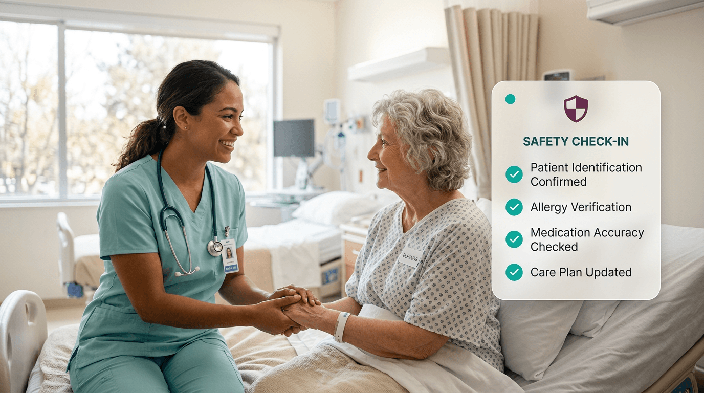 Nurse at a patient's bedside with a safety check-in card floating beside them showing completed verification items