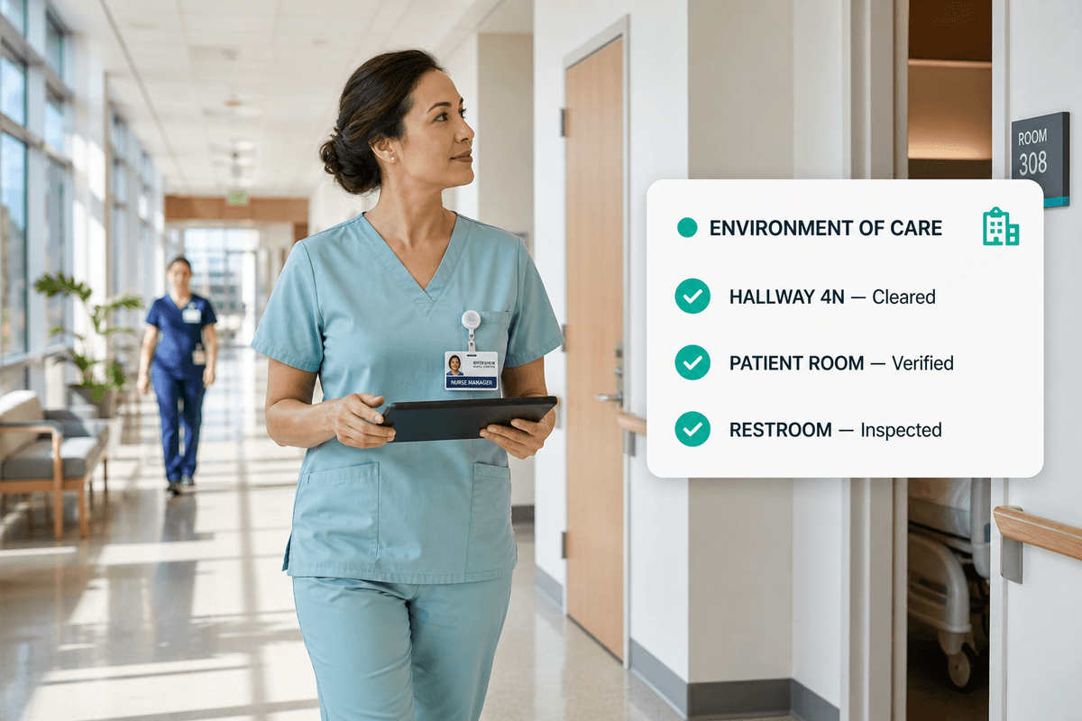 Nurse manager walking a hospital corridor with a tablet, an Environment of Care audit card floating beside her showing hallway, patient room, and restroom checks