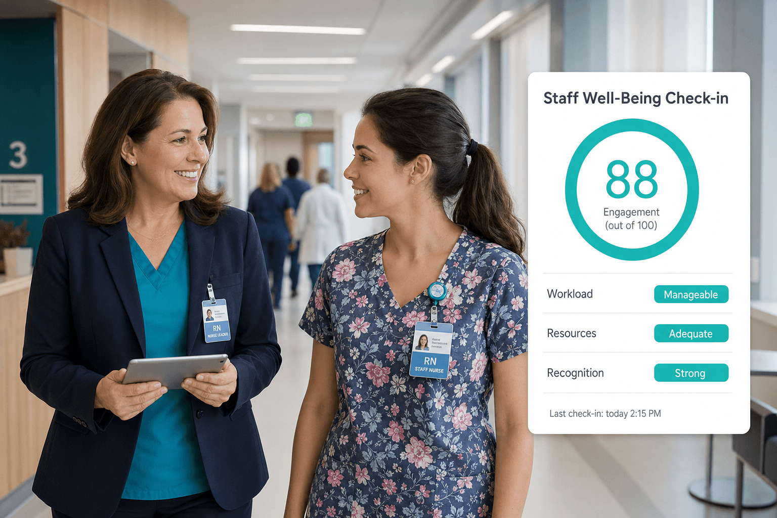 Staff leader check-in card showing wellbeing follow-up context