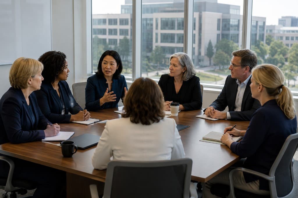 Health system leaders meeting around a conference table