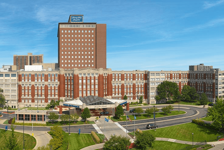 Henry Ford Hospital campus with main entrance and surrounding grounds