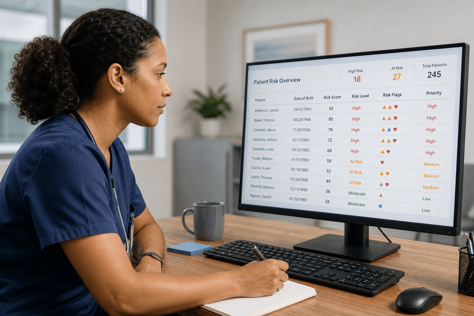 Care coordinator reviewing a patient risk overview dashboard showing post-discharge follow-up priorities.