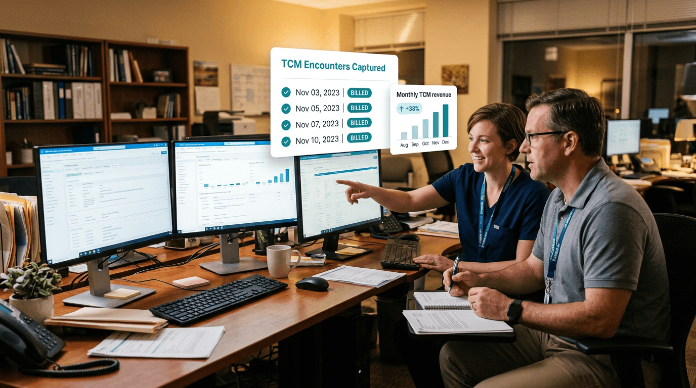 Billing team reviewing captured TCM encounters alongside a monthly revenue bar chart